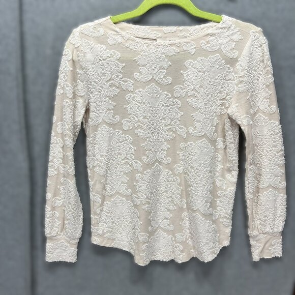 LOFT XS Lace Damask Textured Knit Top Ivory Cream Beige Mixed Media Long Sleeve - Picture 4 of 9